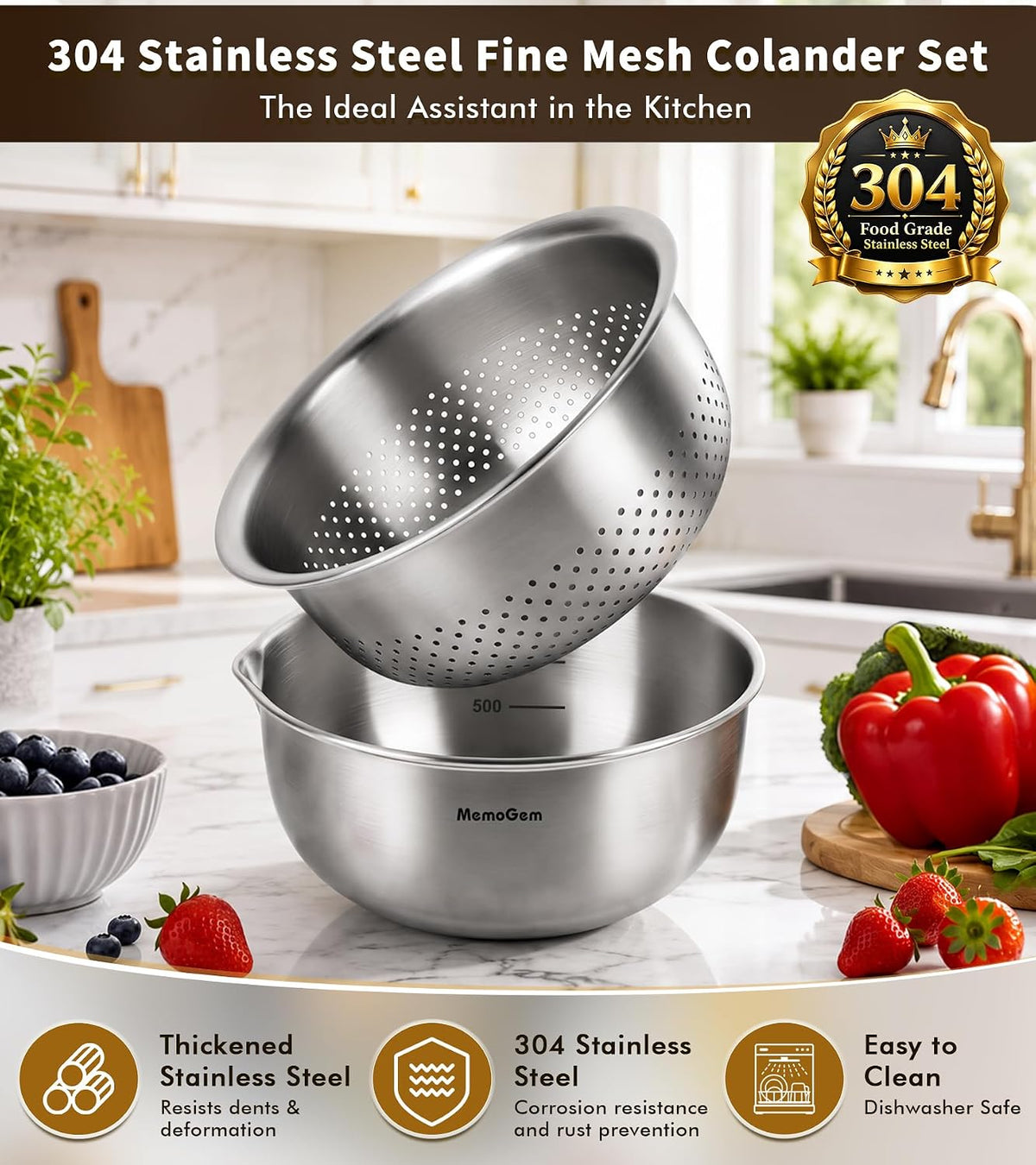 304 Stainless Steel Fine Mesh Colander Set, 1QT Large Capacity Strainer with Mixing Bowl, Rust Resistant Metal Strainer Bowl for Rinse Fruits, Veggies, Rice & Drain Pasta, Cooking, Dishwasher Safe