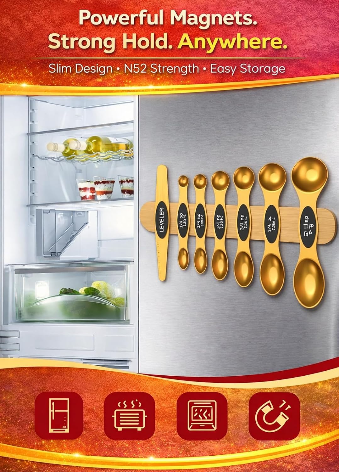 Magnetic Measuring Cups and Spoons Set304 Stainless Steel Dual Scale Set of 15, Strong N52 Magnetic Nesting Design with Leveler, for Dry&Liquid Ingredients, Dishwasher Safe(Colorful)