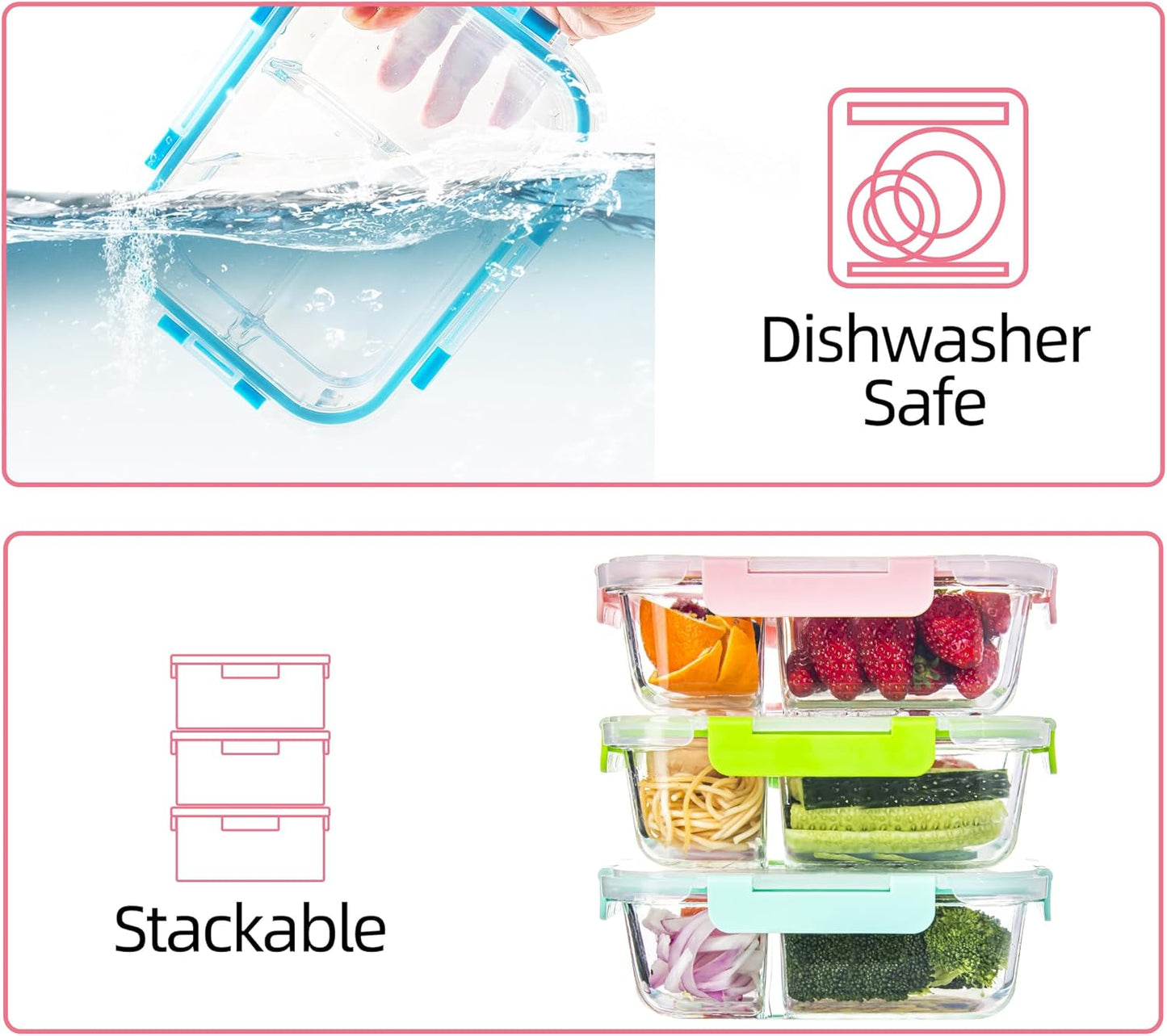 5 Pack Glass Meal Prep Containers 3 Compartment with Lids, Divided Glass Storage Containers with Silicone Sleeve for Lunch, Leak-Proof Portion Control Food Containers, Dishwasher Safe, 34 oz