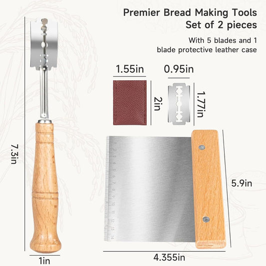 Hand Crafted Bread Lame Premium Sourdough Scoring Tool Bread Making Tools pieces Bread Knife(5 Blades) with Dough Scraper Bread Cutter