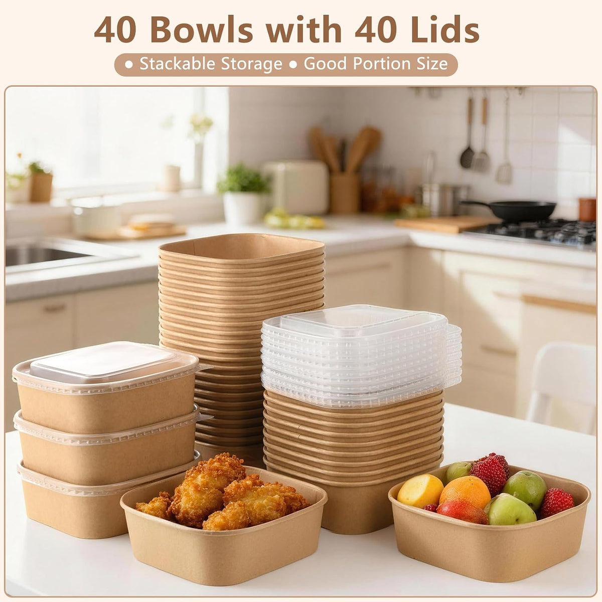 50 Sets 25oz Disposable Kraft Paper Bowls with Lids, Rectangle