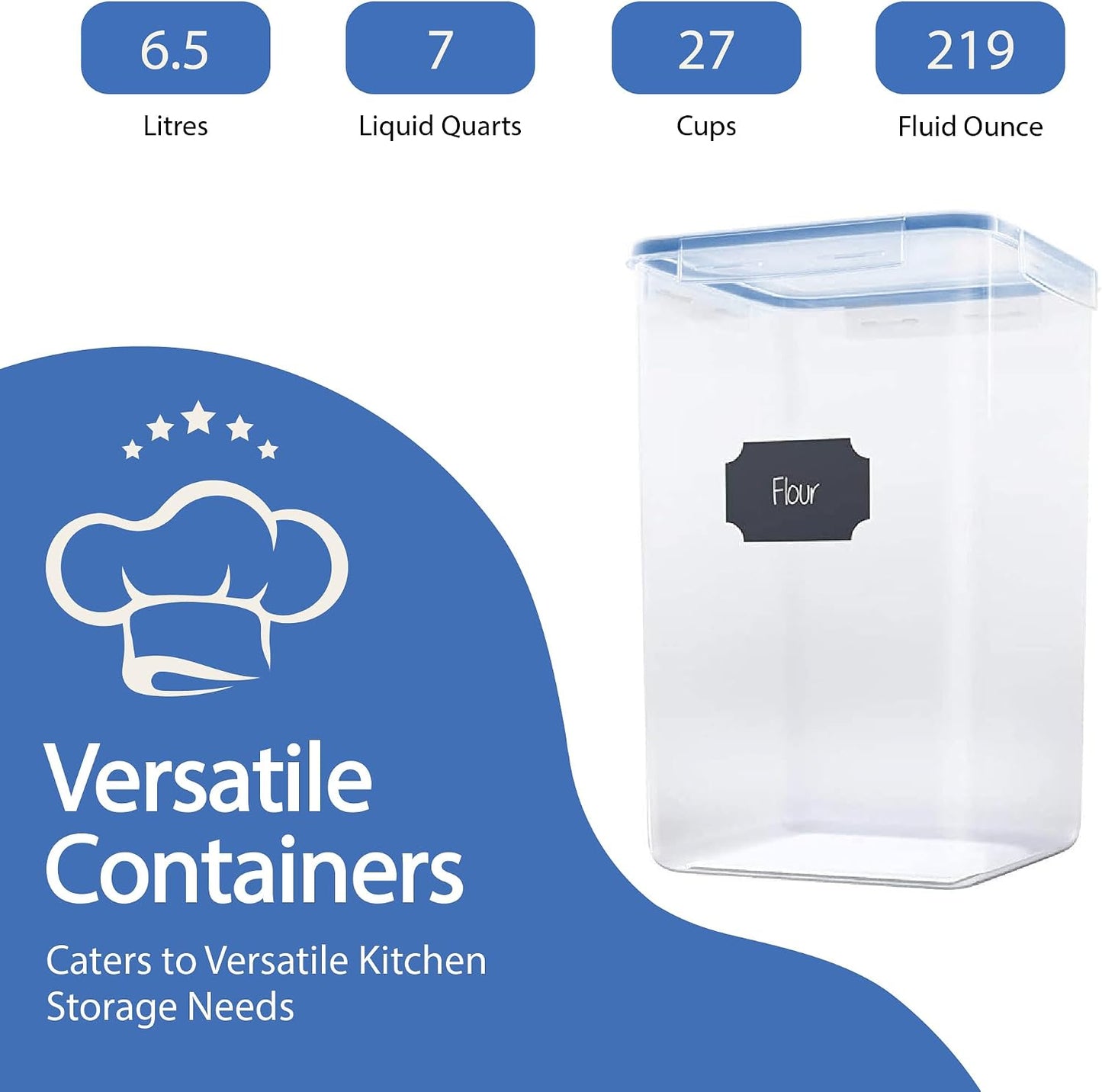 Chef's Path Extra Large Airtight Food Storage Containers with Lids, Pack of 2, 6.5L, 220Oz, Airtight Kitchen and Pantry Bulk Canisters for Flour, Sugar, Rice, and Baking Supplies - Transparent
