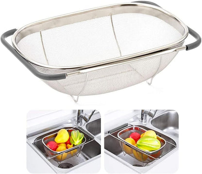 AJIODA Over The Sink Colander, 4 Quarts Stainless Steel Oval Colander with Expandable Rubber Grip Handle, Fine Mesh Strainer Baskets Kitchen Colanders for Strain, Drain, Rinse Vegetable, Fruits, Black