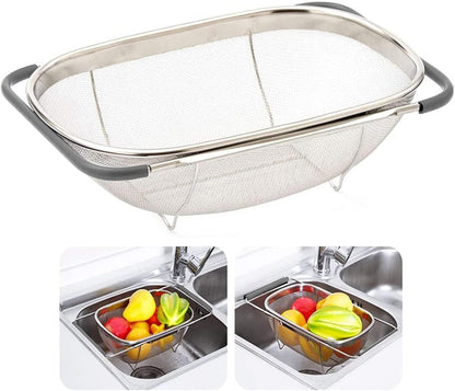 AJIODA Over The Sink Colander, 4 Quarts Stainless Steel Oval Colander with Expandable Rubber Grip Handle, Fine Mesh Strainer Baskets Kitchen Colanders for Strain, Drain, Rinse Vegetable, Fruits, Black