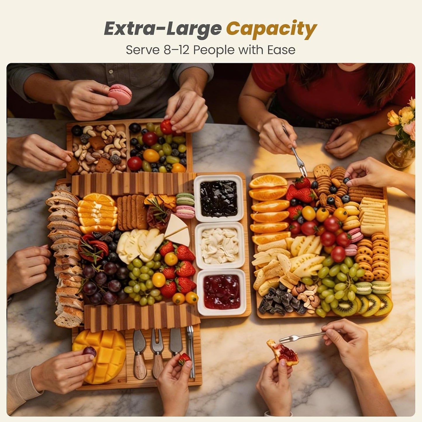 Large Charcuterie Board Set with Knife Set, 12.6" × 11.2" Square Fruit Tray, Bamboo Cheese Platter (Double-Drawer), Great for Group Gatherings, House Warming Gifts New Home, Birthday Gifts for Women