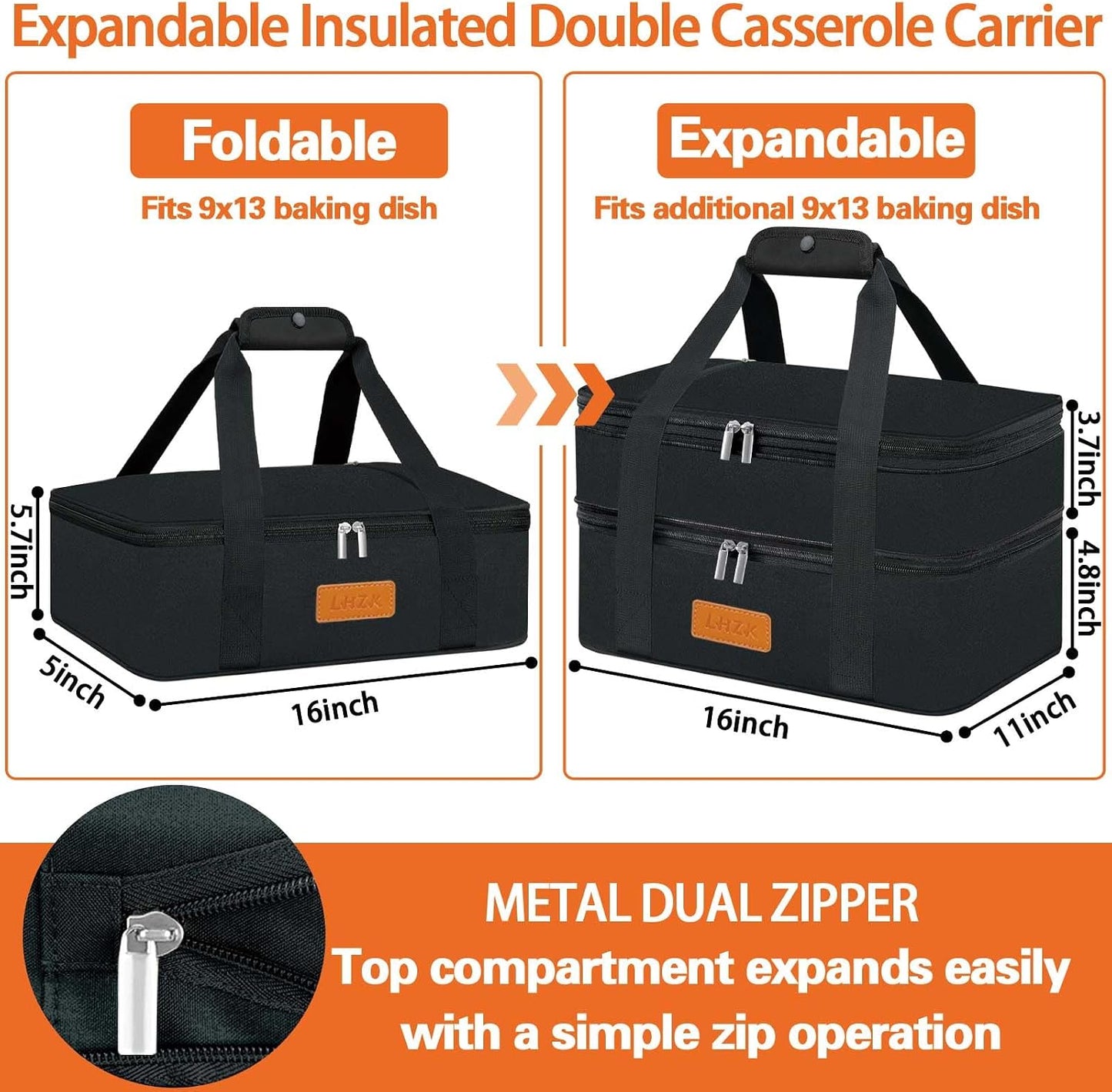 LHZK Insulated Casserole Carriers for Hot or Cold Food, Lasagna Holder Tote for Potluck Parties, Beach, Picnic, Travel, Fits 11x15 or 9x13 Dish (Black)