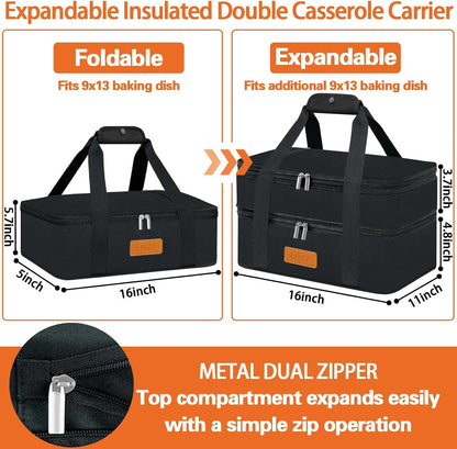 LHZK Insulated Casserole Carriers for Hot or Cold Food, Lasagna Holder Tote for Potluck Parties, Beach, Picnic, Travel, Fits 11x15 or 9x13 Dish (Black)