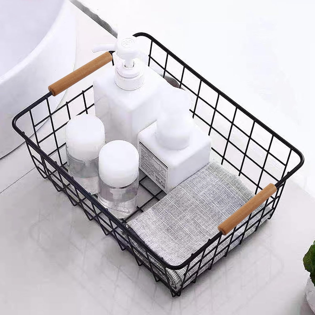 4 Pack Black Metal Wire Storage Baskets, Pantry Baskets for Organizing, Wire Food Storage Basket Organizer with Wooden Handles for Kitchen, Pantry, Freezer - 29 x 22 x 12cm