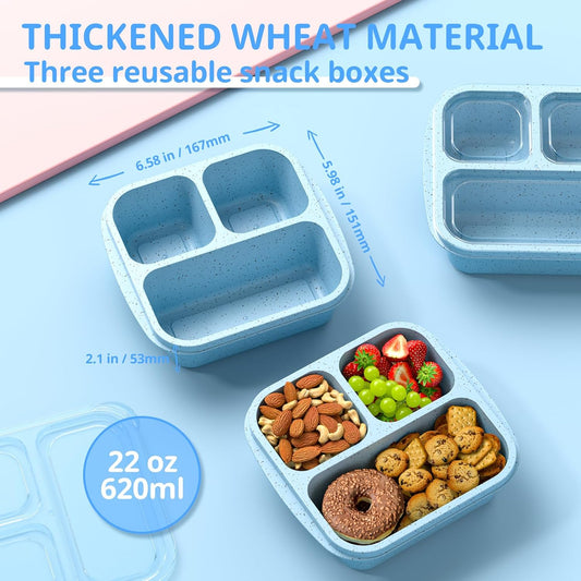 Snack Boxes (3 Pack) - Stackable Bento Boxes with 3 Compartments, Meal Prep Containers Reusable, Lightweight Lunch Containers for Kids and Adults, BPA Free (Blue)