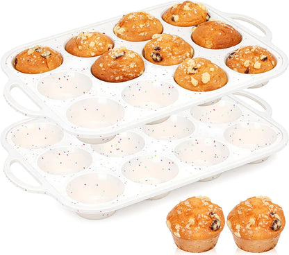 Regular 12 Cup and Mini 24 Cup Nonstick Cupcake Pan Set Silicone Muffin Pan for Baking Silicone Cupcake Mold with Metal Reinforced Frame BPA Free (2 Pcs, Cream)