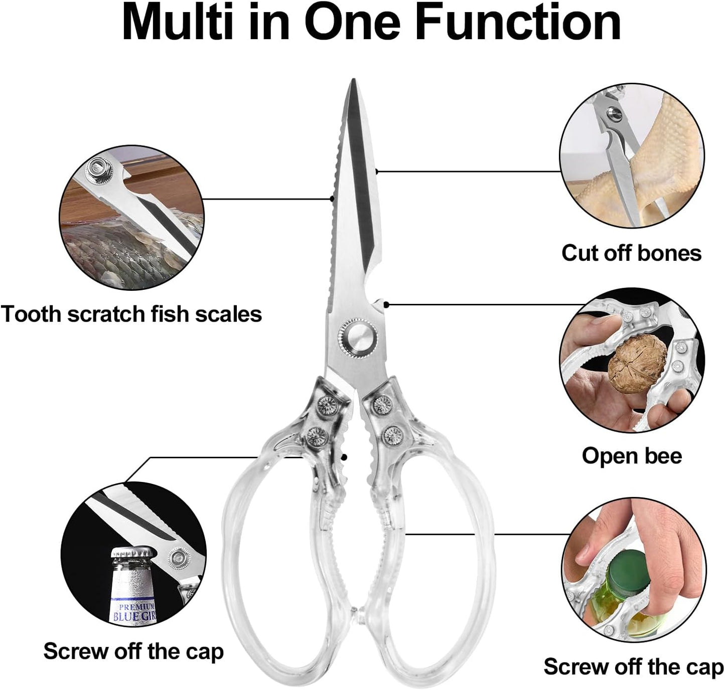 CGBE Kitchen Scissors, Multi-Purpose Kitchen Shears, Heavy Duty Dishwasher Safe Food Scissors for Chicken, Poultry, Fish, Meat & Herbs with Non-Slip Grips - Sliver
