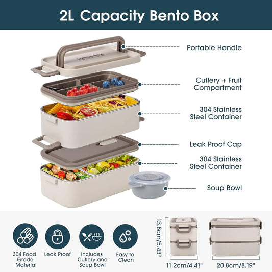 Bento Box Adult Lunch Box, Stackable 3 Layer 304 Stainless Steel Lunch box for Adults Kids Office, 3L Large Capacity Portable Lunch Box Containers with Soup Bowl Spoon and Fork