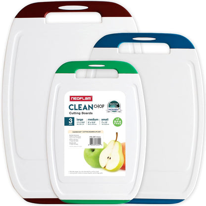 Neoflam Microban Protection Cutting Board 3 Piece Set, Stain & Odor/BPA Free, Reversable Board, Upgraded Larger Juice Groove, Non-Slip EZ Grip Handle, Dishwasher Safe, Pastel