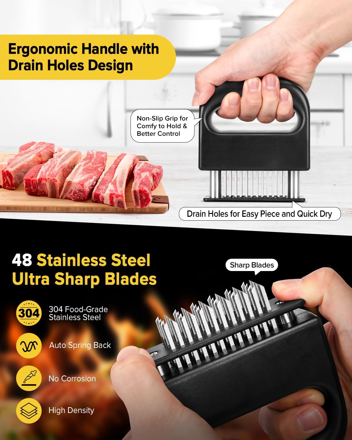 Meat Tenderizer Tool with 48 Stainless Steel Ultra Sharp Blades