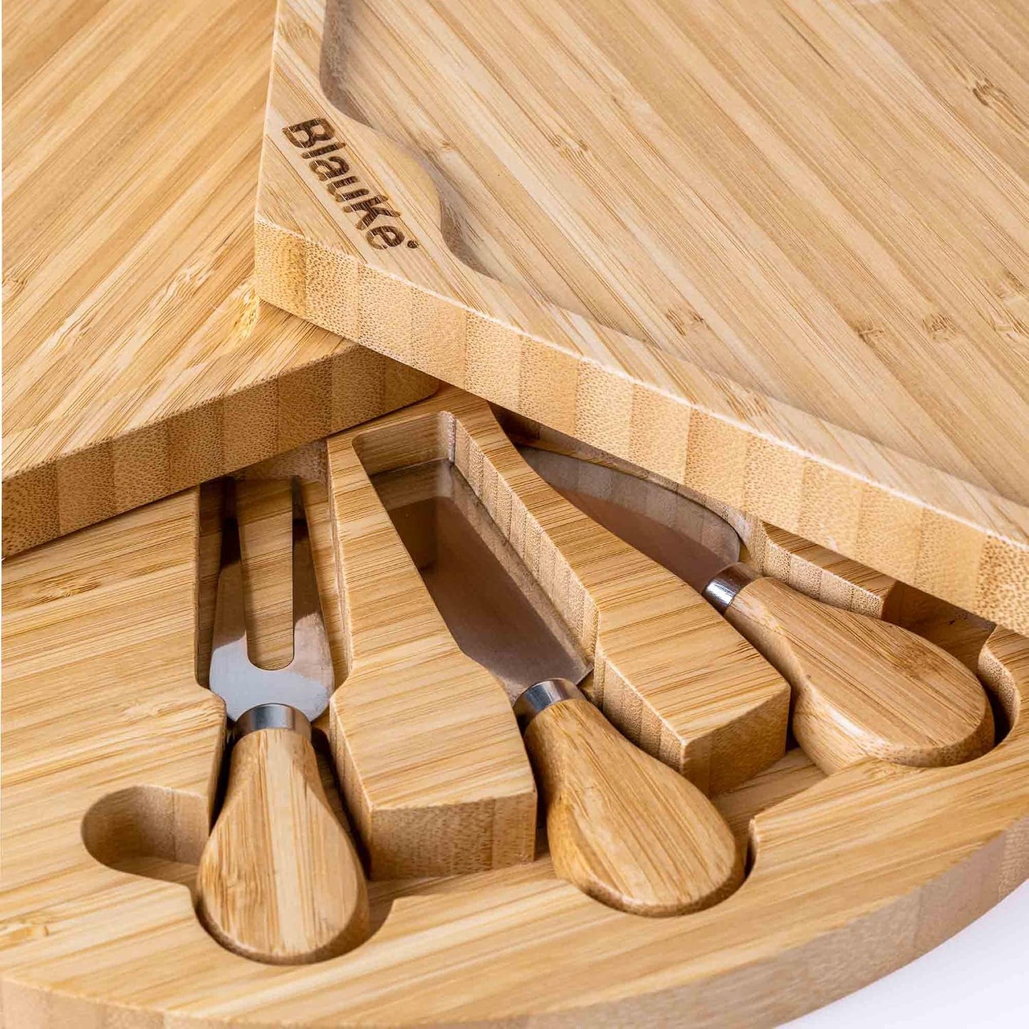 Bamboo Cheese Board and Knife Set – 14 inch Round Charcuterie Board, Serving Tray, Platter, Wood Cheeseboard Set with Slide-Out Drawer – BlauKe®