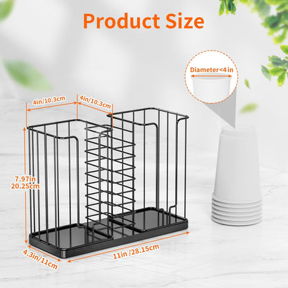 Coffee Cup and Lid Holder - Disposable Cup Holder, Metal Paper Cup Holder 3-Compartment Coffee Cup Dispenser for Countertop Coffee Station Bar Restaurant Office Breakroom Shop Kitchen