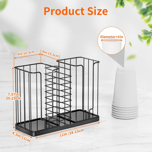 Coffee Cup and Lid Holder - Disposable Cup Holder, Metal Paper Cup Holder 3-Compartment Coffee Cup Dispenser for Countertop Coffee Station Bar Restaurant Office Breakroom Shop Kitchen