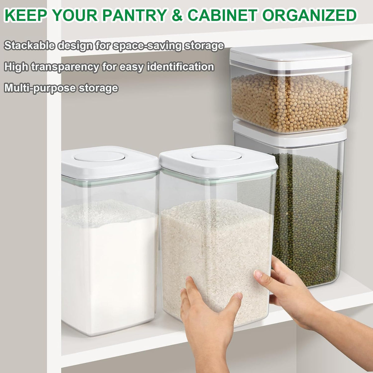 TBMax Large Airtight Food Container 5.28 Qt with Pop Up Lid & Measuring Cup, Ideal for 10 Lbs of Rice or 7 Lbs of Flour, Square Short Food Storage Bin for Kitchen Pantry and Drawer Organization