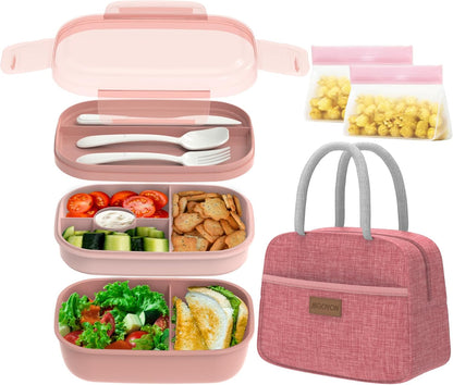 JBGOYON® Bento Lunch Box with Bag - All-in-One Stackable Lunch Containers with 3 Layers for Adults & Kids, 1900 ML Modern Bento-Style Design, Built-in Utensil Set, Lunch Bag (Purple)