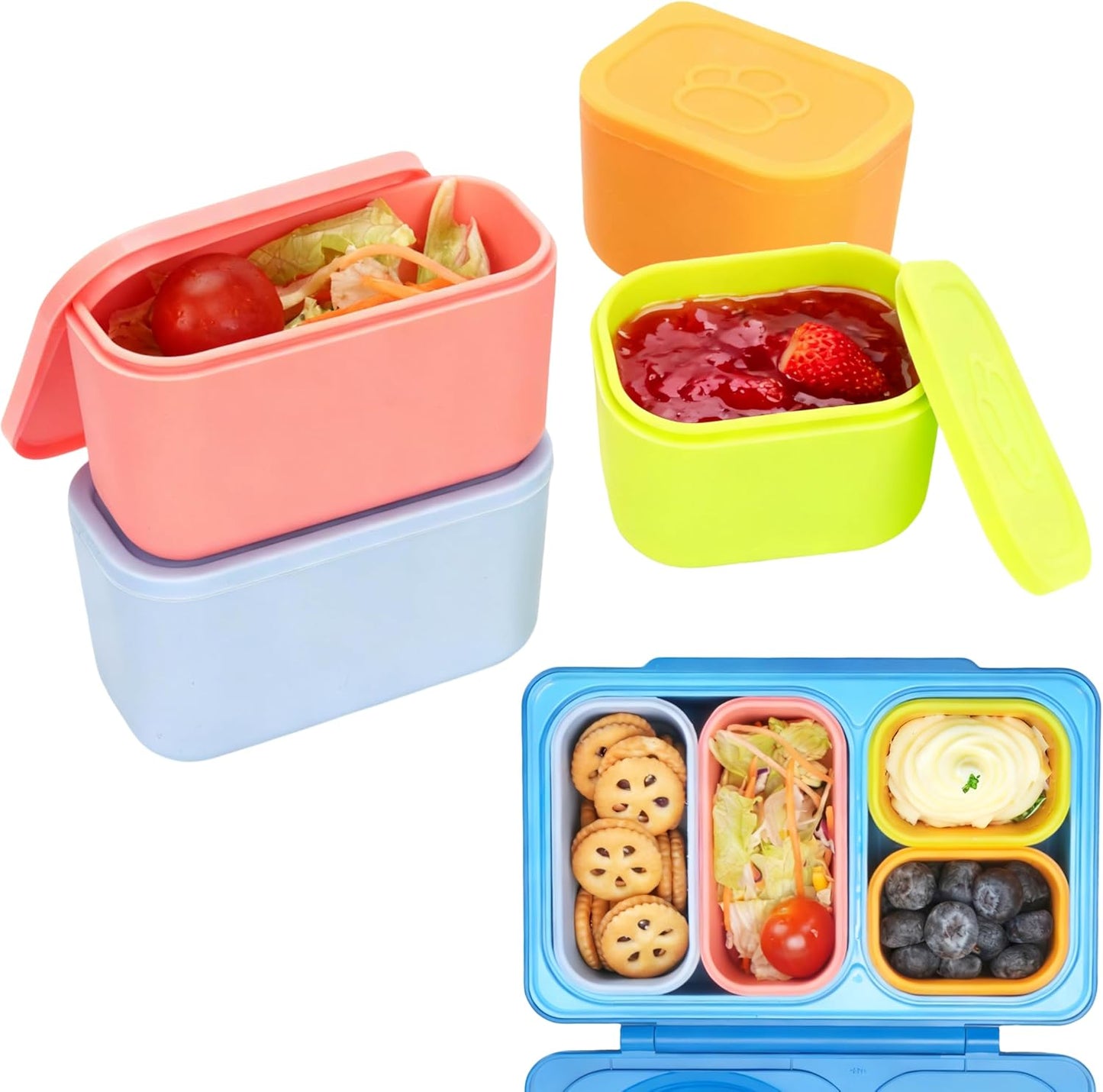 Dip Containers for OmieBox UP bento Box, 4 Pack Leakproof Salad Dressing Container To Go, Condiment Containers with Lids - Food Safe Silicone - 4.5 & 9 ounces