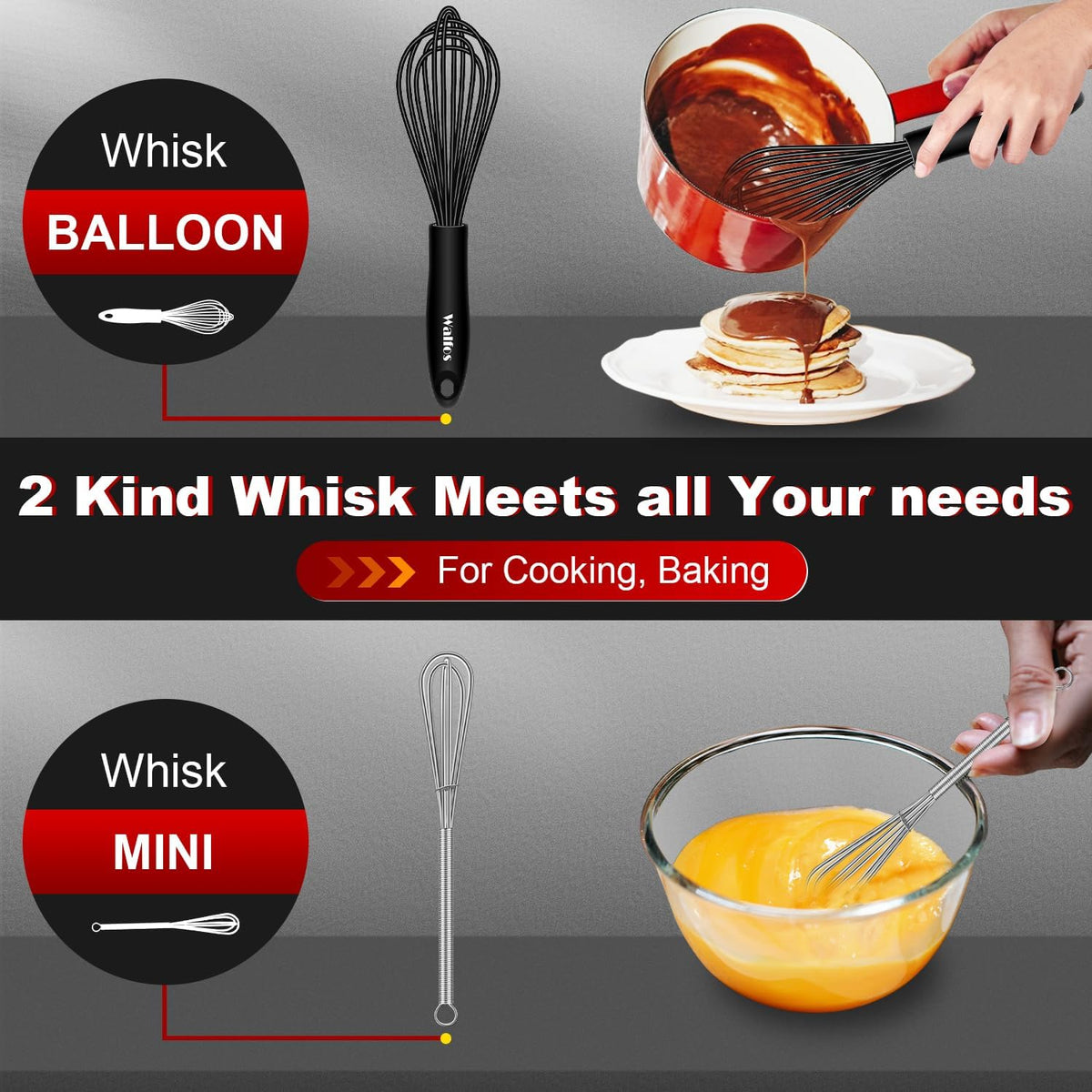Walfos Silicone Whisk,Stainless Steel Wire Whisk -Heat Resistant 480°F Kitchen Whisks for Non-stick Cookware,Balloon Egg Beater Perfect for Blending,Whisking,Beating,Frothing & Stirring,Black