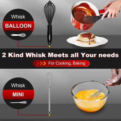Walfos Silicone Whisk,Stainless Steel Wire Whisk -Heat Resistant 480°F Kitchen Whisks for Non-stick Cookware,Balloon Egg Beater Perfect for Blending,Whisking,Beating,Frothing & Stirring,Black