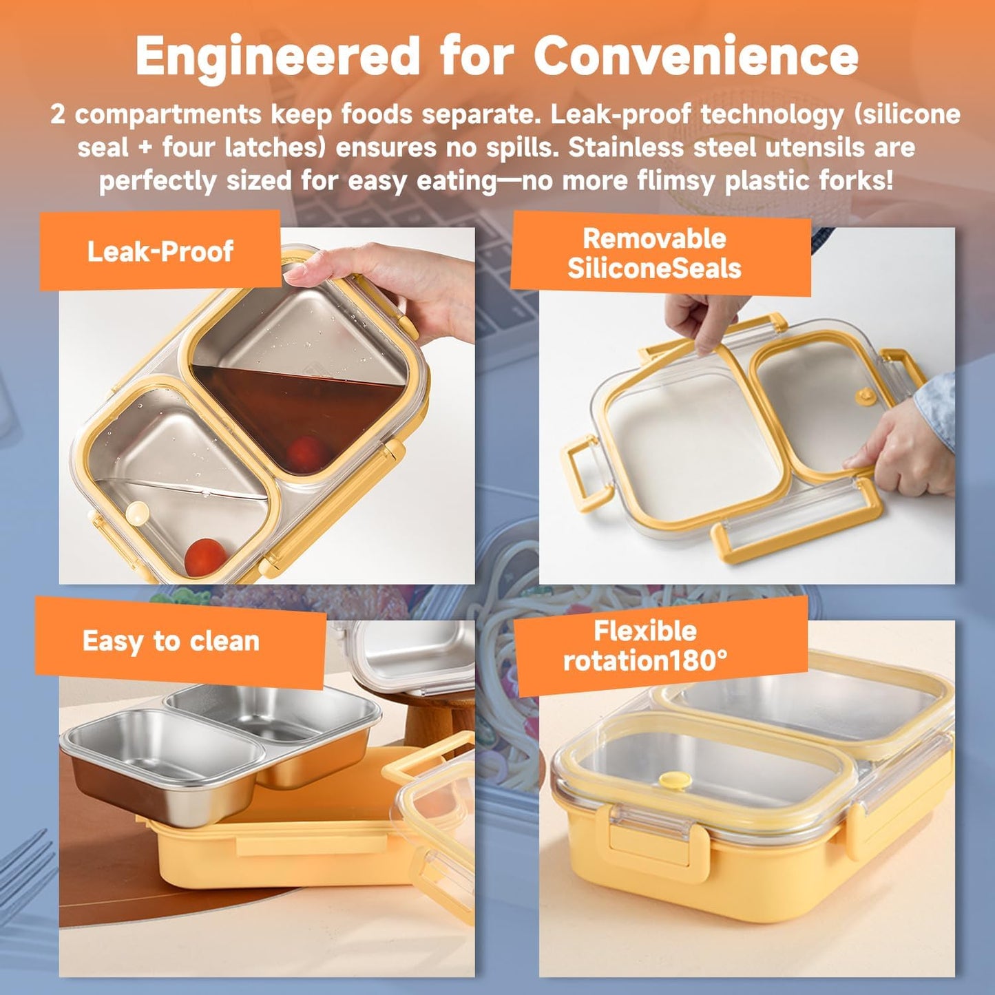 304 Stainless Steel Lunch Box for Kids & Adults - Leakproof 2 Compartment Bento Box (25oz) - Dishwasher Safe Meal Prep Container for School, Office, Outdoor (yellow)