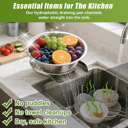 Palksky Stainless Steel Colander Set with Self-Draining Base, 3 Sizes Colanders & Food Strainers for Pasta, Rice, Fruits & Veggies, Metal Colander with Draining Plate for Sink or Countertop