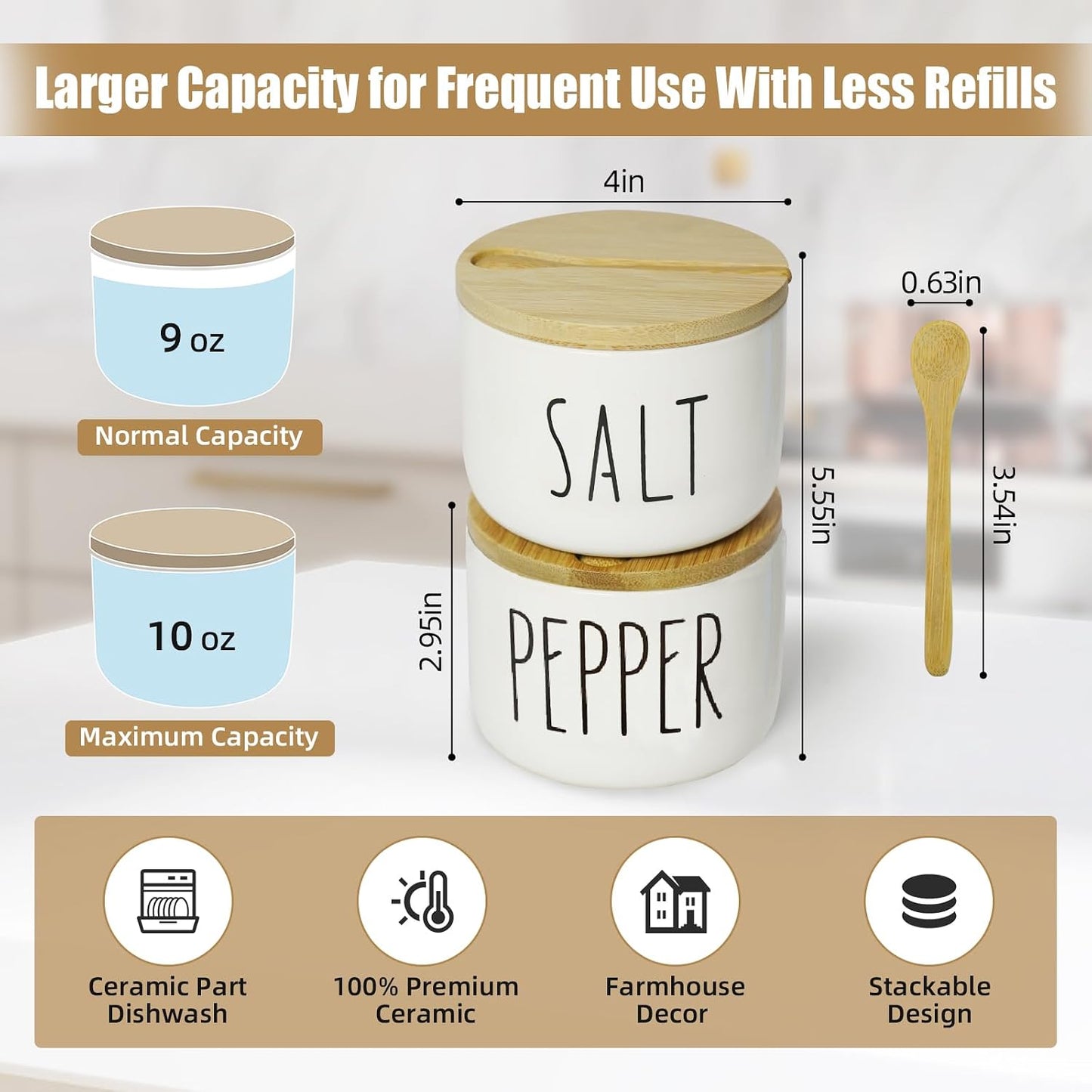 Farmhouse Salt And Pepper Containers,Salt Containers For Countertop,Stacked Ceramic Cellar With Bamboo Lid, Spice Box With Spoon,Seasoning Holder with lid,Ceramic Bowls (B&W H)