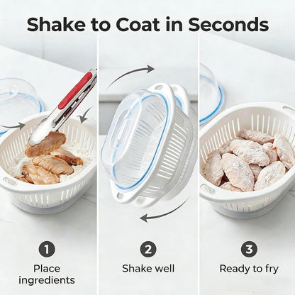 Large Batter Bowl with Lid and Tong, Mess-Free Shaker for Chicken Pork Fish Shrimp, 3-in-1 Colander Strainer and Food Storage Container for Kitchen