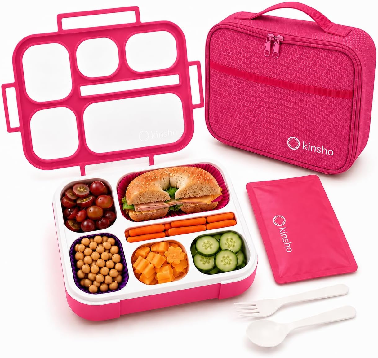 kinsho Lunch Box for Kids Boys Girls - Bento Box Set with Insulated Bag and Ice Pack, 6 Compartment Leak Proof Food Container, BPA-Free, Microwave Safe, Ideal for School & Work, Teal
