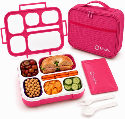 kinsho Lunch Box for Kids Boys Girls - Bento Box Set with Insulated Bag and Ice Pack, 6 Compartment Leak Proof Food Container, BPA-Free, Microwave Safe, Ideal for School & Work, Teal