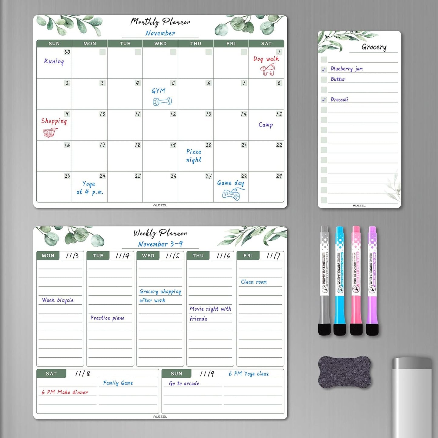ALEZEL Magnetic Dry Erase Refrigerator Calendar, Dry Erase Calendar White Board Set for Fridge - Magnetic Monthly & Weekly Planner with List Board, 4 Markers + Eraser
