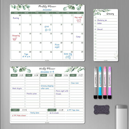 ALEZEL Magnetic Dry Erase Refrigerator Calendar, Dry Erase Calendar White Board Set for Fridge - Magnetic Monthly & Weekly Planner with List Board, 4 Markers + Eraser