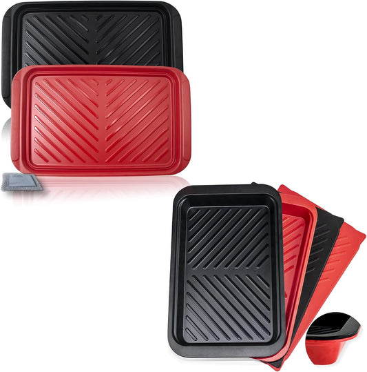Czlizdyt Deep Grilling Prep and Serve Trays with lid 6-Piece Pack, BBQ Tray for Marinating Raw and Cooked Food, Diswasher Safe Nesting Trays Black in Red