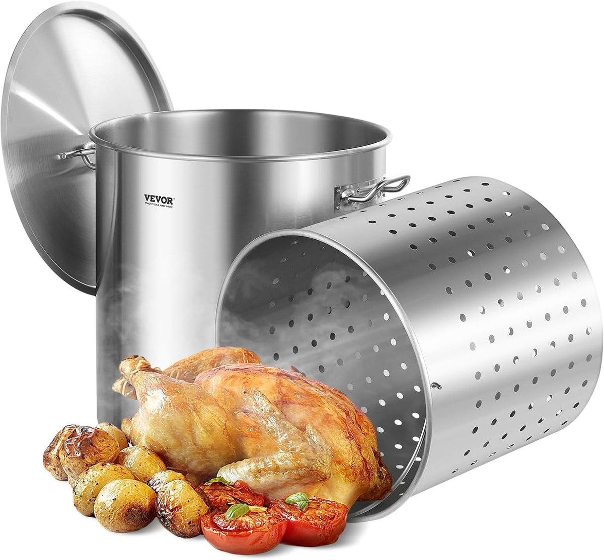 VEVOR Stainless Steel Stockpot, 42 Quart Large Cooking Pots, Cookware Sauce Pot with Strainer, Lid, and Handle, Heavy Duty Commercial Grade Stock Pot, Sanding Treatment, for Large Groups Events Silver