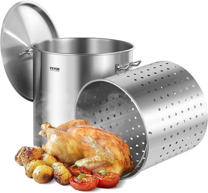 VEVOR Stainless Steel Stockpot, 42 Quart Large Cooking Pots, Cookware Sauce Pot with Strainer, Lid, and Handle, Heavy Duty Commercial Grade Stock Pot, Sanding Treatment, for Large Groups Events Silver