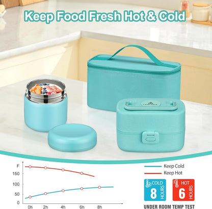 Pawtong Bento Lunch Box with 8oz Soup Thermo, Kids Sustainable Bento Box Leakproof Lunch Food Containers with Lunch Bag, Kids Thermo Insulated Hot Food Jar for School, Trvael (Blue)
