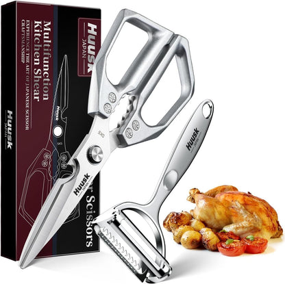 HUUSK Kitchen Scissors All Purpose - Stainless Steel Kitchen Shear, Sharp Silver Meat Scissors Dishwasher Safe, Heavy Duty Poultry Shears, Japanese Cooking Scissor for Food, Christmas Gifts for Women