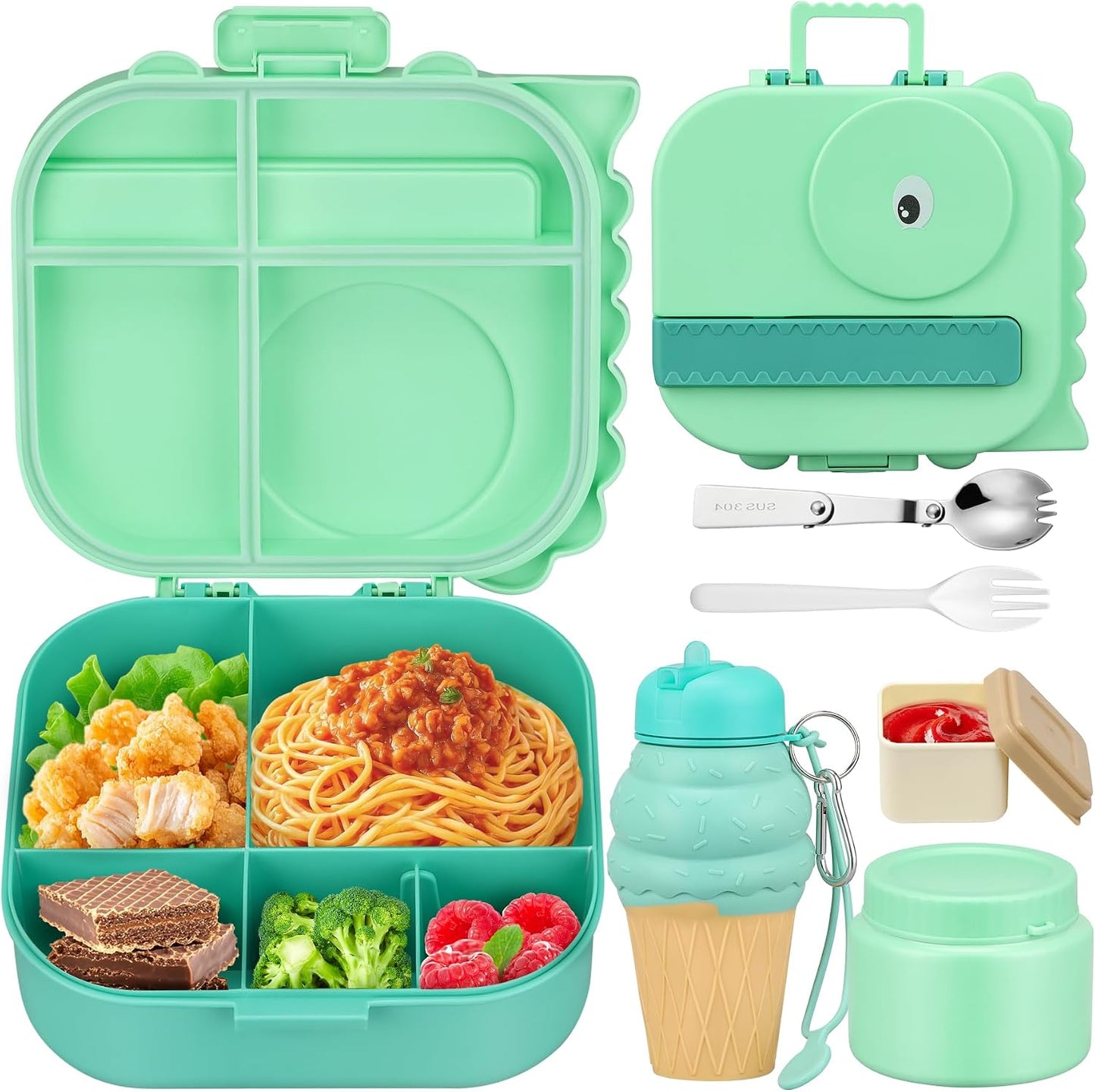 Aimsnk Magical Dinosaur Kids Lunch Box Set -12oz Insulated Food Jar, Leakproof Lunch Food Containers Cutlery, Leak-Proof Sauce Cup & Spoon, Gradient Green+Jar Green