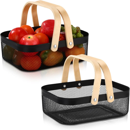 Sadnyy 2 Pcs Black Metal Wire Storage Basket with Handle Mesh Harvest Durable Vegetables Fruit Toy Basket for Garden Organizing, Kitchen, Countertop, Closet, Bedroom (12.6 x 9.7 x 4.3 Inch)