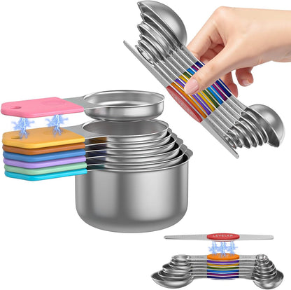Magnetic Measuring Cups and Spoons Set – 304 Stainless Steel | Dual-sided Design | 15-Piece with Leveler | N52 Space-Saving Magnetic Nesting | Baking & Meal Prep | Kitchen Gift (Black)