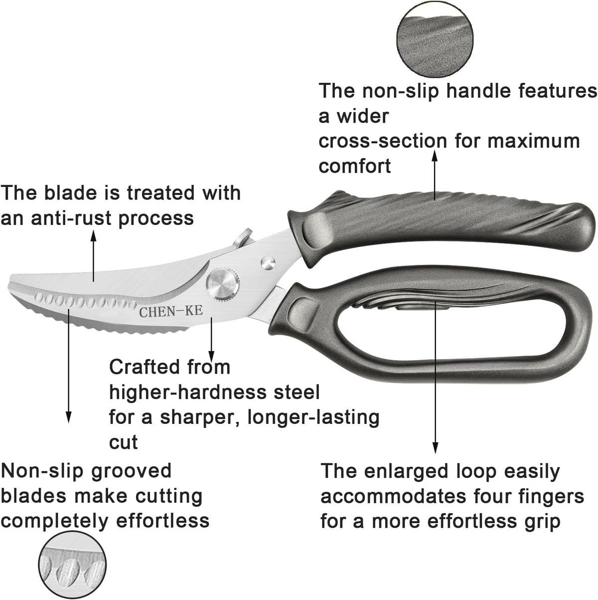 CHEN-KE Rust Resistant Heavy Duty Multipurpose Kitchen Shears-Grey