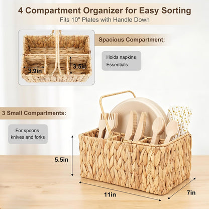 Water Hyacinth Utensil Caddy with Handle, 4 Compartments Woven Cutlery Organizer, Portable Flatware Holder for Outdoor Picnic, BBQ, Camping, Kitchen Counter & Party Table