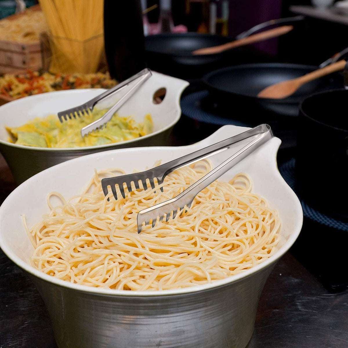 HornTide Stainless Steel Pasta Tongs, Pack of 2 Piece, Teethed Ends Design for Spaghetti Noodle Pastry, Kitchen Serving Tong Set 8-inch 20cm