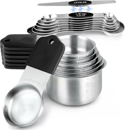 Magnetic Measuring Cups and Spoons Set, Strong N52 Magnets, Heavy Duty 304 Stainless Steel Fits in Spice Jars for Baking & Cooking, BPA Free, Round Set of 15 with Leveler Black