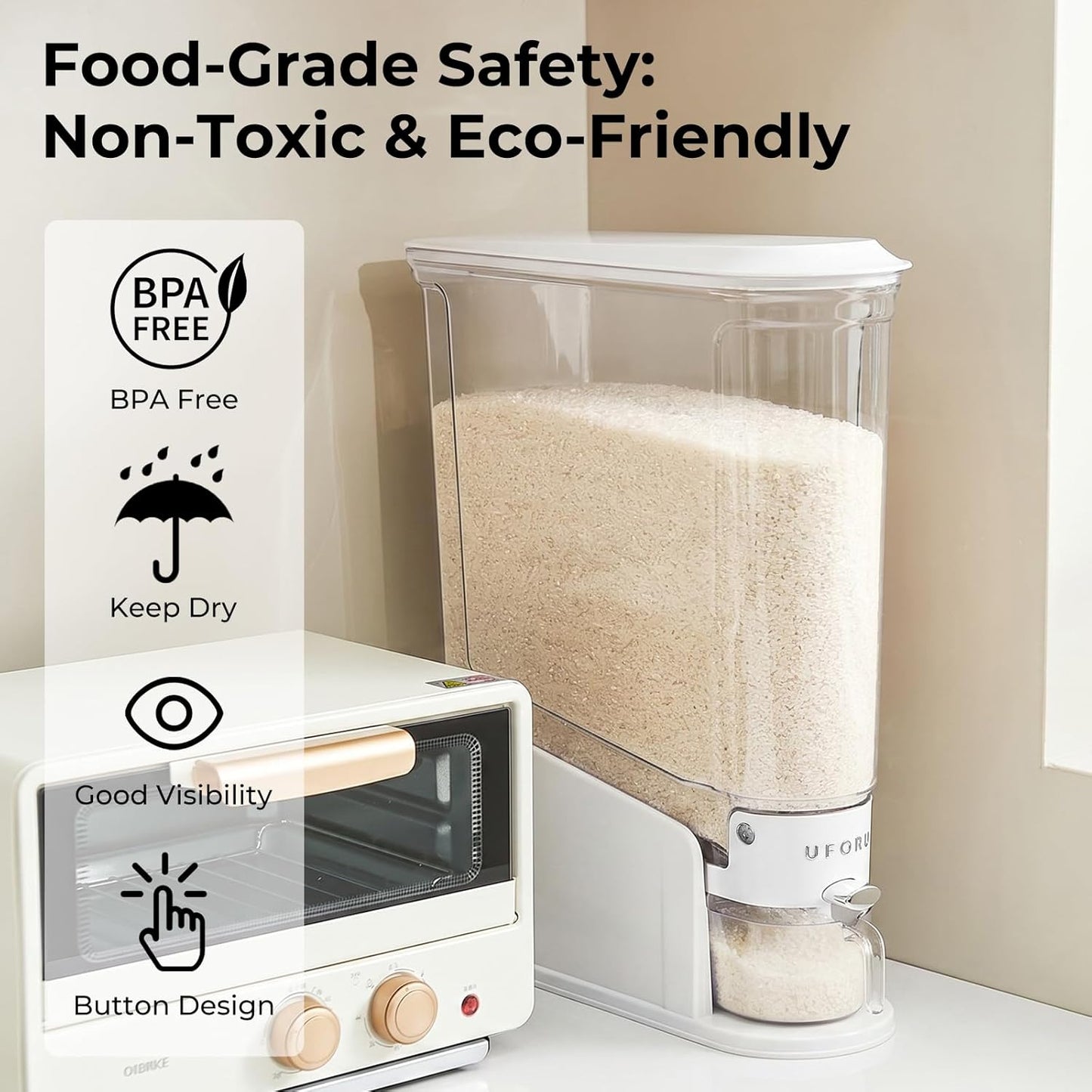 UFORU Rice Dispenser 22Lbs, Slim Rice Storage Container for Small Space, BPA-Free Clear Dry Food Dispenser Sealed Moisture Proof, Grain&Cereal Storage Bucket for Kitchen Pantry Household, Cream White
