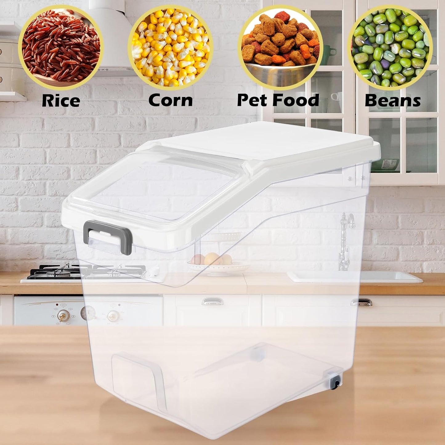 Sunnyray 4 Pcs Rice Storage Container 22 lb Airtight Flour Container with Wheels Measuring Cup Clear Pet Food Cube Dog Cat Birds Food Bin Grain Cereal Organizer Box for Dry Baking Supplies(White Lid)