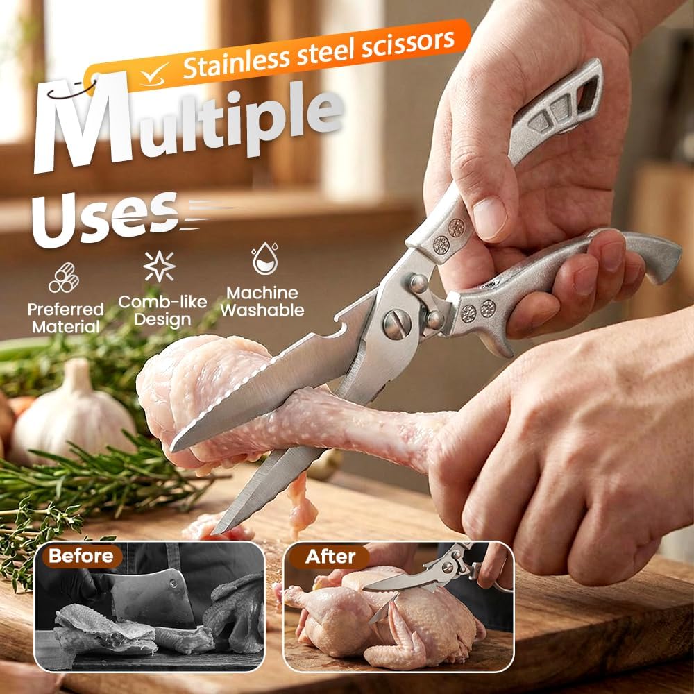 Heavy Duty Kitchen Scissors for Food, 2026 New Stainless Steel Bone Cut Kitchen Scissors Poultry Shears, Multi-Purpose Kitchen Shears for Meat Chicken Bone Fish Turkey Vegetables Seafood (1pc)
