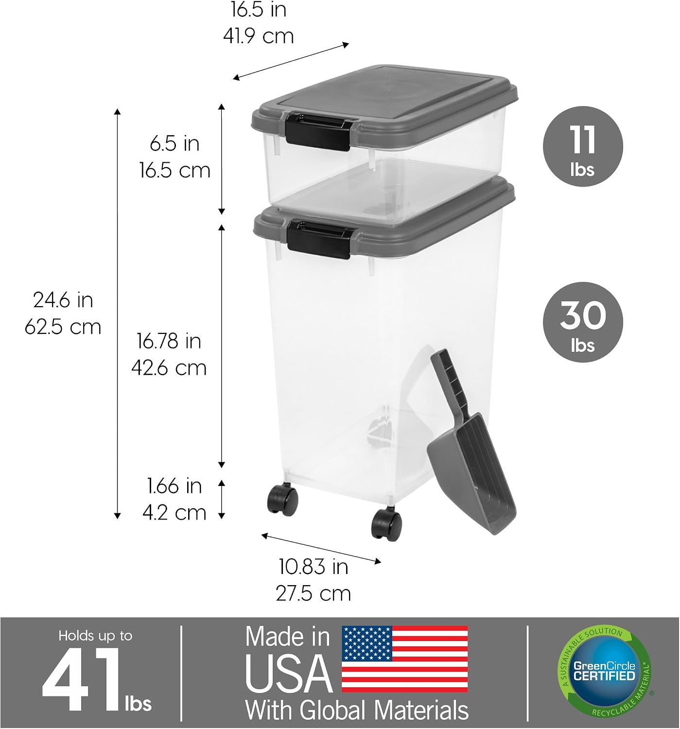 IRIS USA Dog Food Storage Container 30 lb + 11lb Airtight Combo, Stackable Pet Food Storage Bin with Wheels for Cat Dog Food, BPA Free, Made in USA, Black